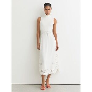 Reiss Phoenix Knit Woven Midi Dress Ivory Broderie Anglaise Cutwork Hem NWT Sz 2